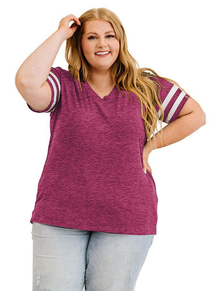 Striped Contrast Loose Fit V-Neck T-Shirt For Women In Plus Size