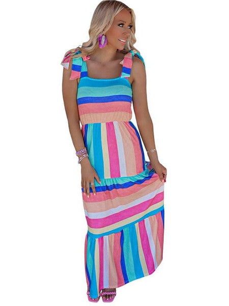 Striped Sleeveless Square Neck Maxi Dress In Yellow