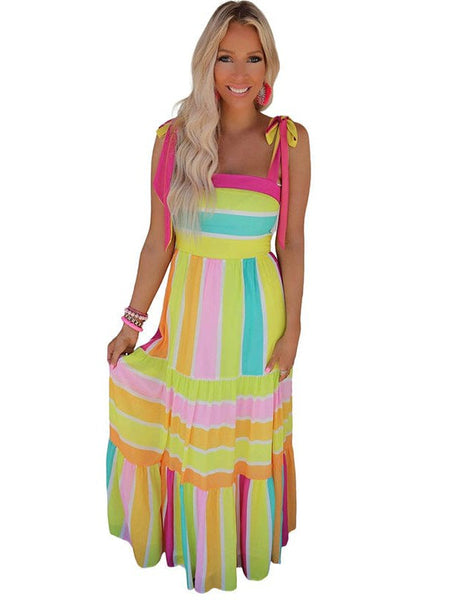 Striped Sleeveless Square Neck Maxi Dress In Yellow