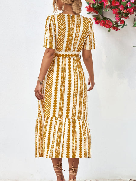 Striped Tie Belt Round Neck Puff Sleeve Midi Dress