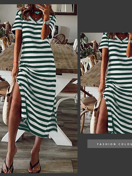 Striped Print V-neck Long-sleeved Dress