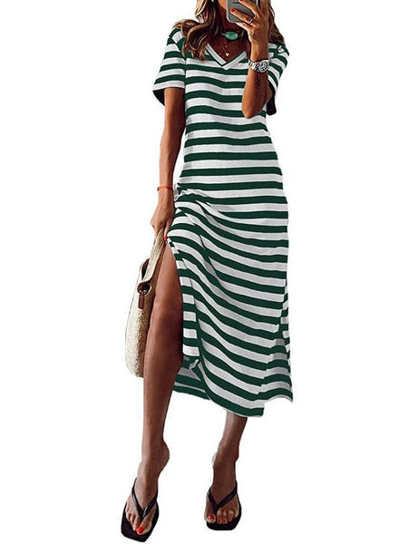 Striped Print V-neck Long-sleeved Dress
