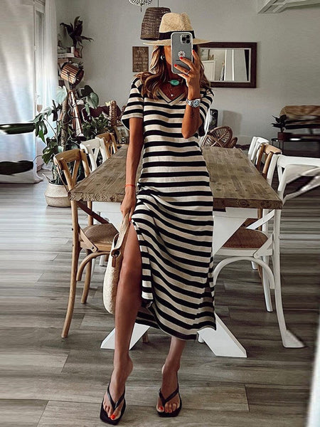 Striped Print V-neck Long-sleeved Dress
