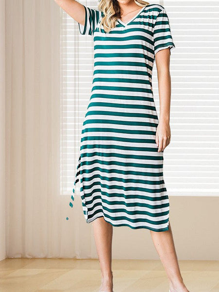 Striped Print V-neck Long-sleeved Dress
