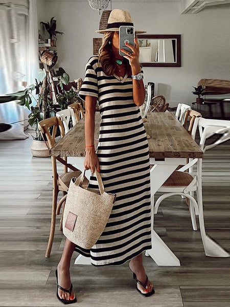 Striped Print V-neck Long-sleeved Dress