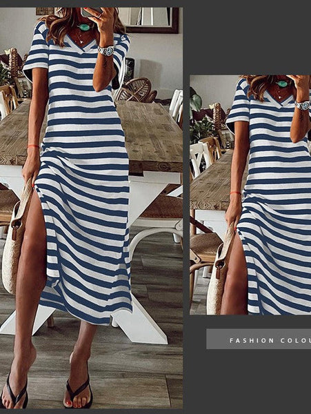 Striped Print V-neck Long-sleeved Dress