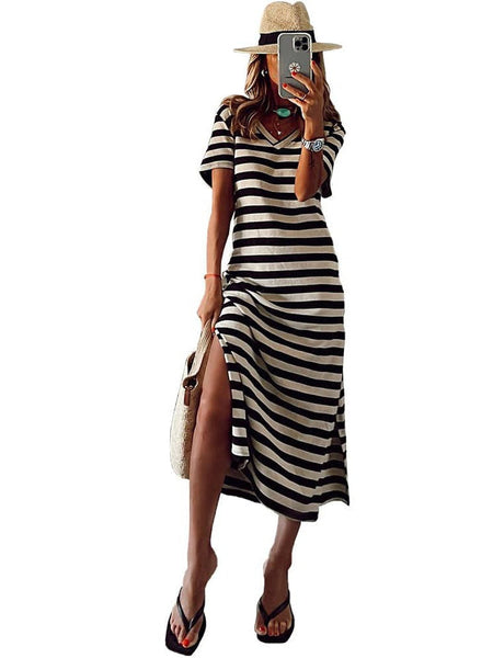 Striped Print V-neck Long-sleeved Dress