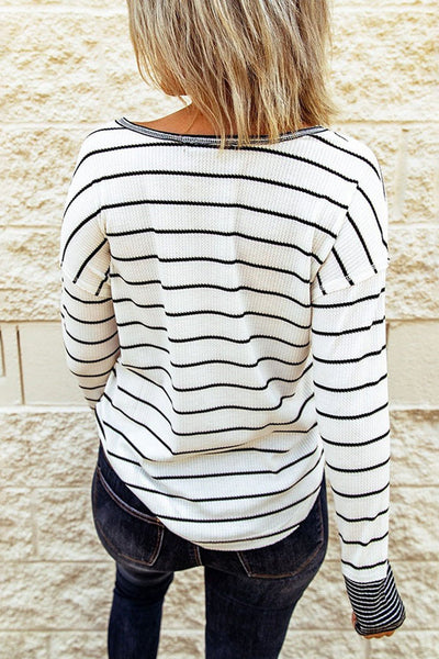 Women's Striped Waffle Knit Henley Top with Contrast Detail