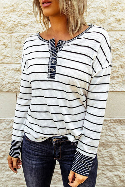 Women's Striped Waffle Knit Henley Top with Contrast Detail