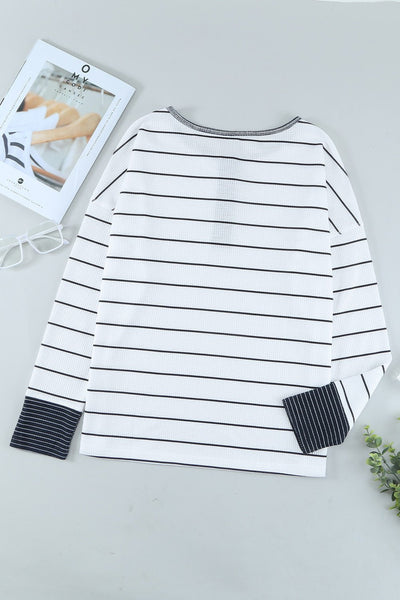 Women's Striped Waffle Knit Henley Top with Contrast Detail