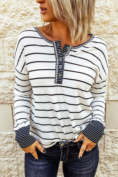Women's Striped Waffle Knit Henley Top with Contrast Detail