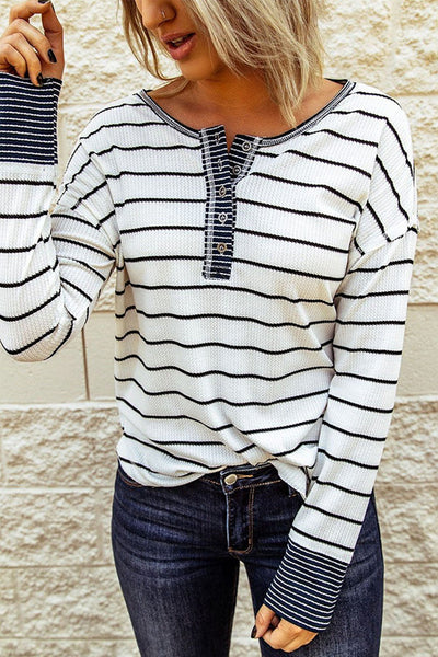 Women's Striped Waffle Knit Henley Top with Contrast Detail