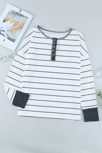 Women's Striped Waffle Knit Henley Top with Contrast Detail