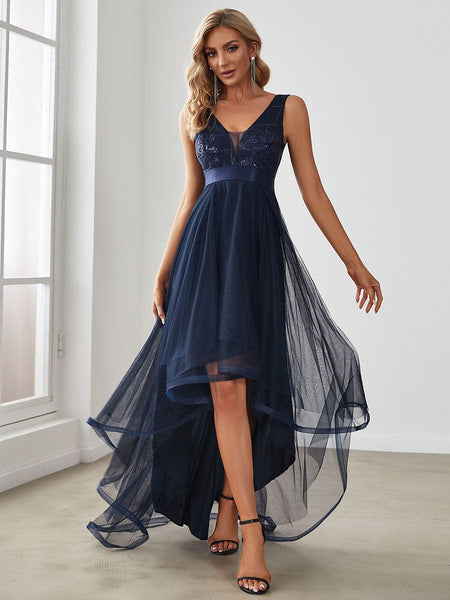 Women's Sequin Applique High-Low Tulle Evening Gown in Rust