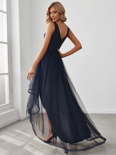Women's Sequin Applique High-Low Tulle Evening Gown in Rust