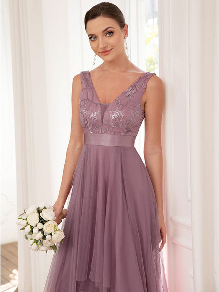 Women's Sequin Applique High-Low Tulle Evening Gown in Rust