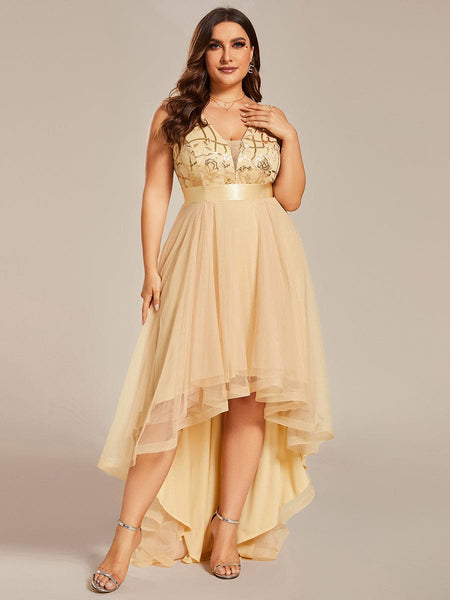 Women's Sequin Applique High-Low Tulle Evening Gown in Rust