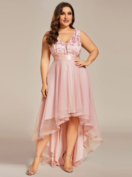 Women's Sequin Applique High-Low Tulle Evening Gown in Rust