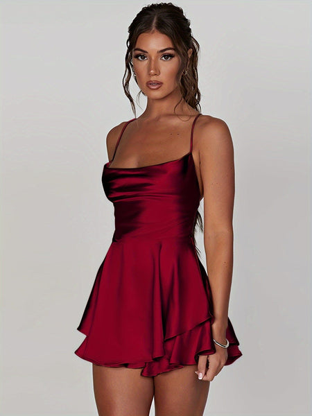 Women's Champagne Satin Tiered Cowl Neck Backless Mini Dress