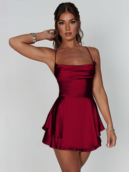 Women's Champagne Satin Tiered Cowl Neck Backless Mini Dress