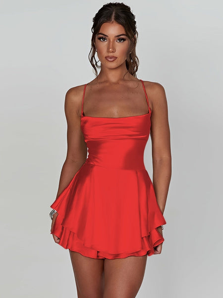 Women's Champagne Satin Tiered Cowl Neck Backless Mini Dress