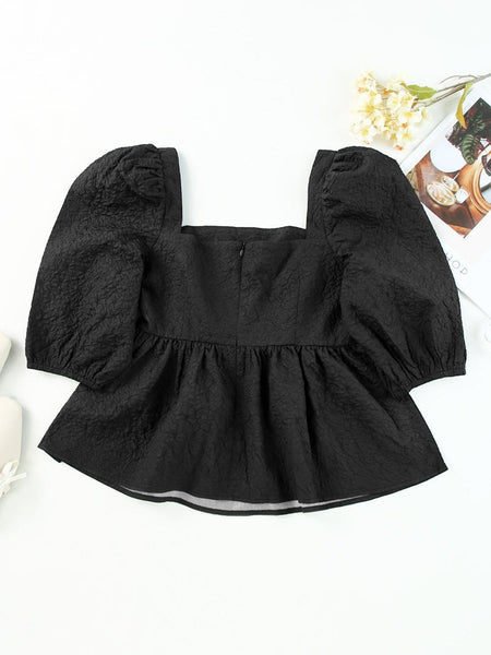 Women's Stylish Black Square Neck Peplum Top with Textured Puff Sleeves