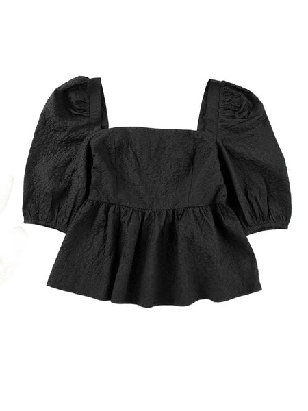 Women's Stylish Black Square Neck Peplum Top with Textured Puff Sleeves