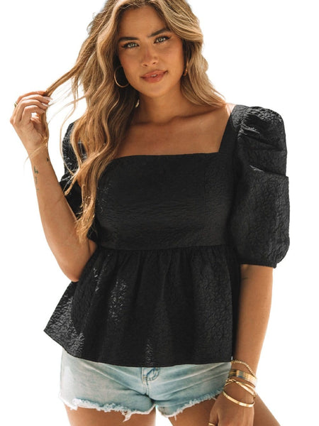 Women's Stylish Black Square Neck Peplum Top with Textured Puff Sleeves
