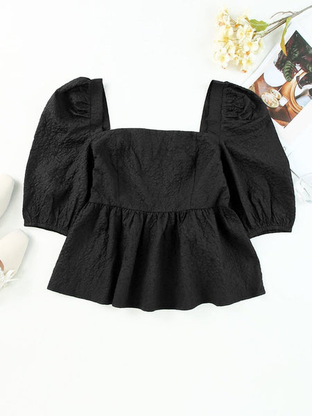 Women's Stylish Black Square Neck Peplum Top with Textured Puff Sleeves