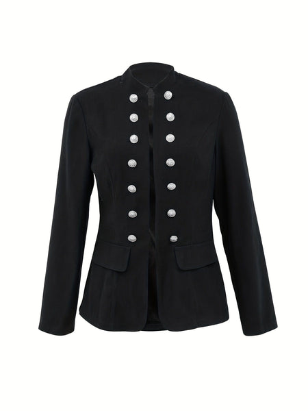 Women's Structured Black Military Blazer with Silver Buttons