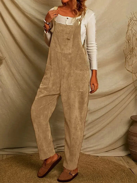 Stylish Corduroy Overall Jumpsuit with Patched Pockets for Women, Spring & Autumn Wardrobe