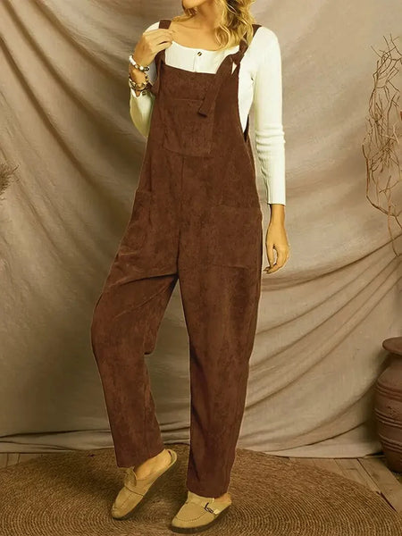 Stylish Corduroy Overall Jumpsuit with Patched Pockets for Women, Spring & Autumn Wardrobe