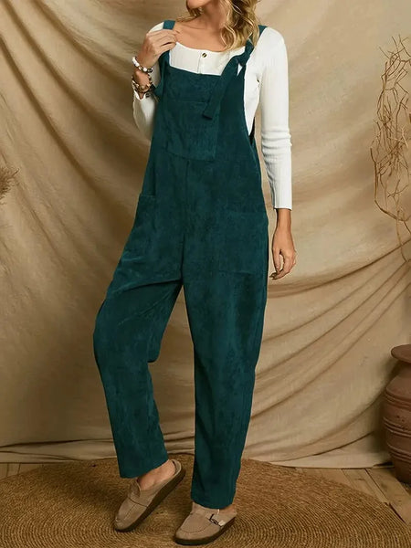 Stylish Corduroy Overall Jumpsuit with Patched Pockets for Women, Spring & Autumn Wardrobe