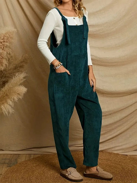 Stylish Corduroy Overall Jumpsuit with Patched Pockets for Women, Spring & Autumn Wardrobe
