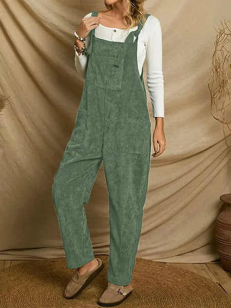 Stylish Corduroy Overall Jumpsuit with Patched Pockets for Women, Spring & Autumn Wardrobe