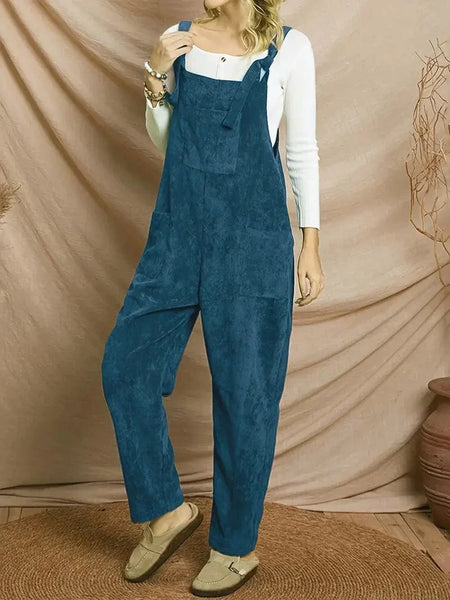 Stylish Corduroy Overall Jumpsuit with Patched Pockets for Women, Spring & Autumn Wardrobe