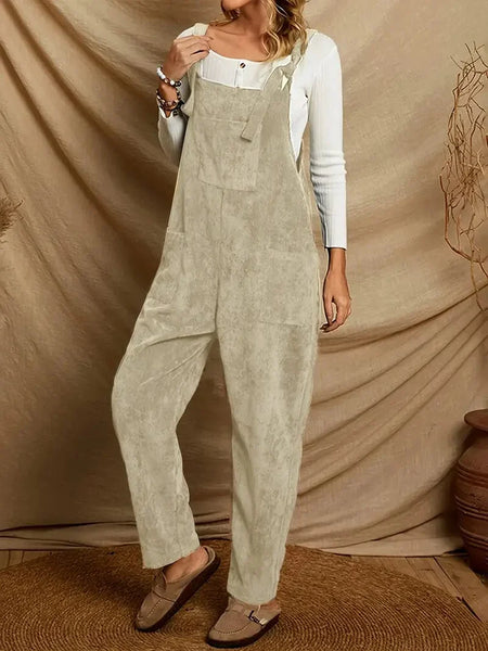 Stylish Corduroy Overall Jumpsuit with Patched Pockets for Women, Spring & Autumn Wardrobe