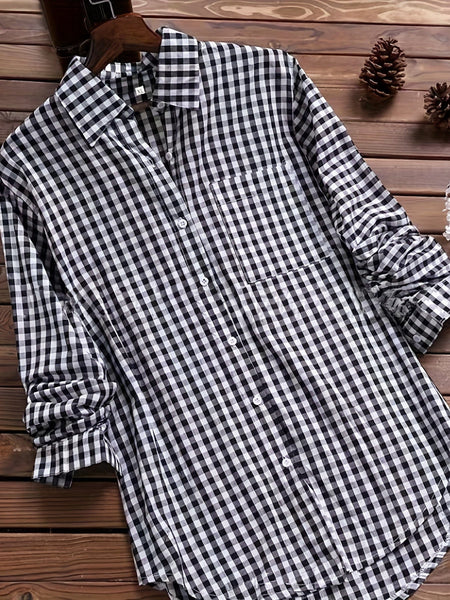 Stylish Plus Size Gingham Print Collared Blouse for Women
