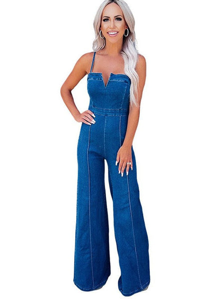 Stylish Sleeveless Suspender Jumpsuit: Chic Blue Wide Leg Jumpsuit For Women