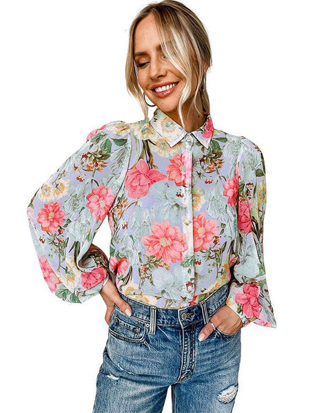 Chic Floral Print Button-Up Blouse for Women