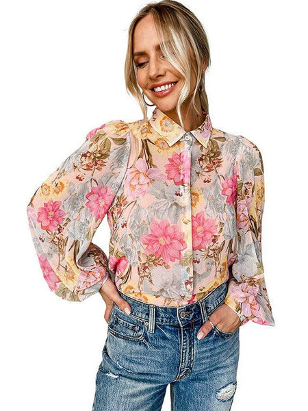 Chic Floral Print Button-Up Blouse for Women