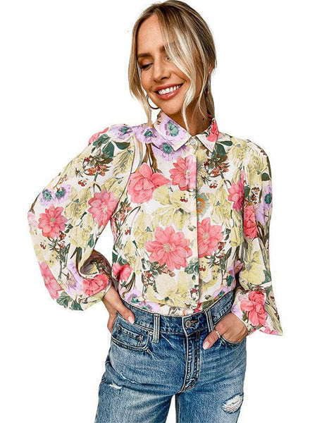 Chic Floral Print Button-Up Blouse for Women