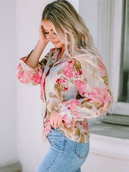 Chic Floral Print Button-Up Blouse for Women
