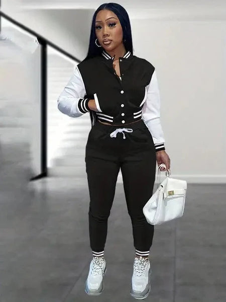 Stylish Women's Matching Set with Button-Up Bomber Jacket and Drawstring Pants