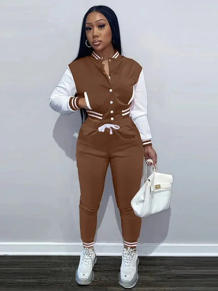 Stylish Women's Matching Set with Button-Up Bomber Jacket and Drawstring Pants