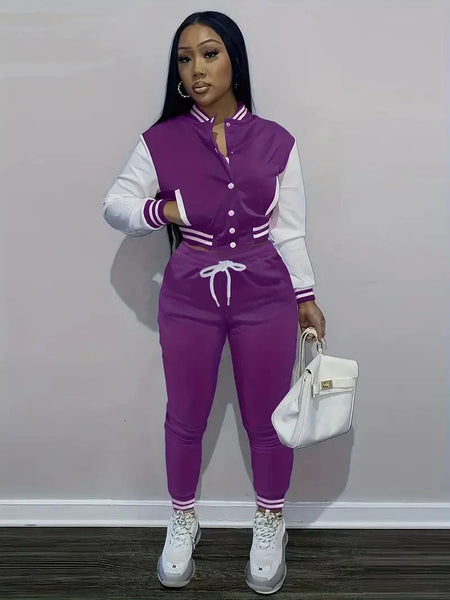 Stylish Women's Matching Set with Button-Up Bomber Jacket and Drawstring Pants