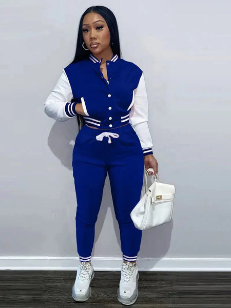 Stylish Women's Matching Set with Button-Up Bomber Jacket and Drawstring Pants