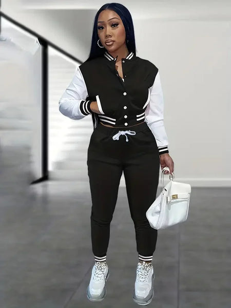 Stylish Women's Matching Set with Button-Up Bomber Jacket and Drawstring Pants
