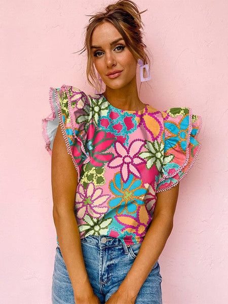 Stylish Women'S Printed Ruffled Floral Pullover With Abstract Geometric Print