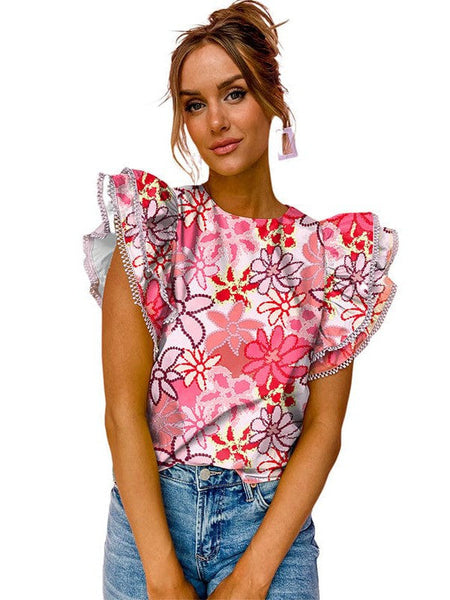 Stylish Women'S Printed Ruffled Floral Pullover With Abstract Geometric Print